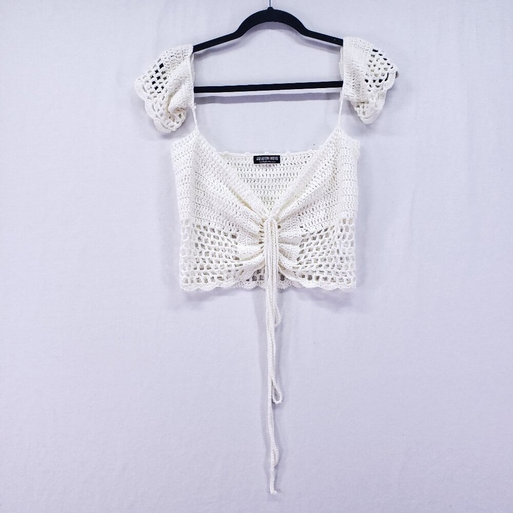 Fashion Nova Crochet Knit Cropped Top Size XL Off the Shoulder Drawstring Boho